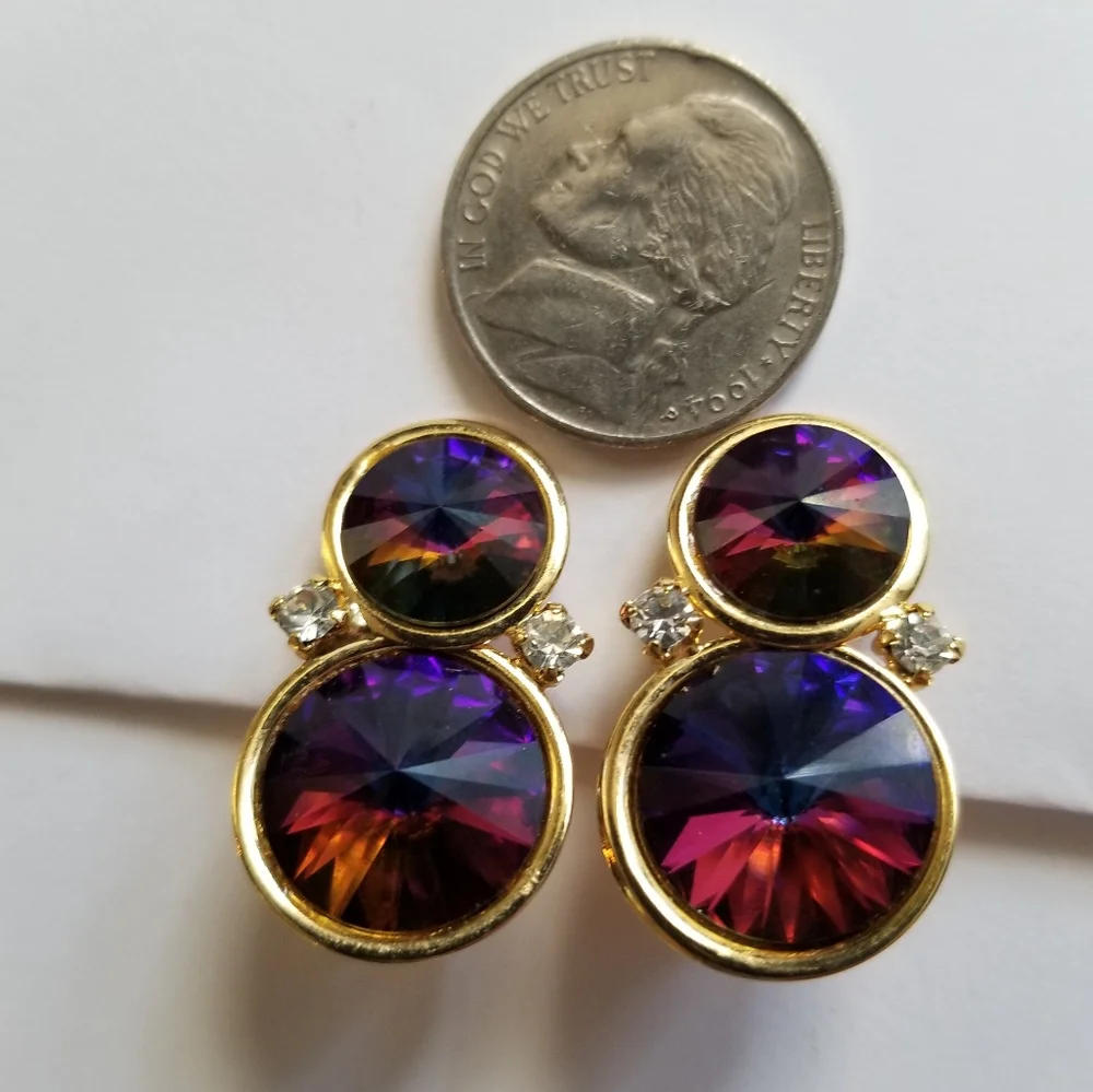 Vintage clip earrings rivoli rhinestones gold tone